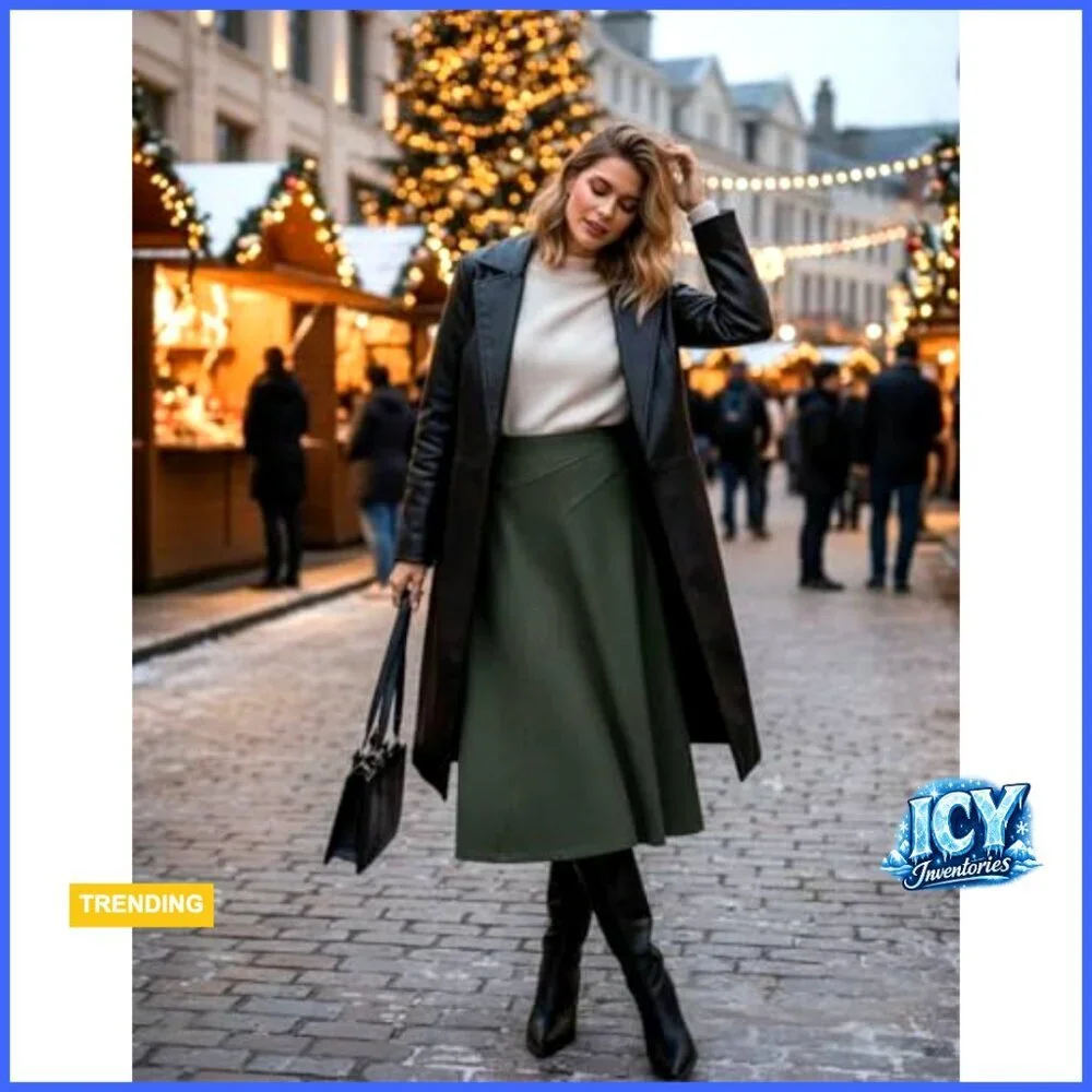 Faux Suede Midi Skirt High Waist A-Line Fall Winter Regular Fit